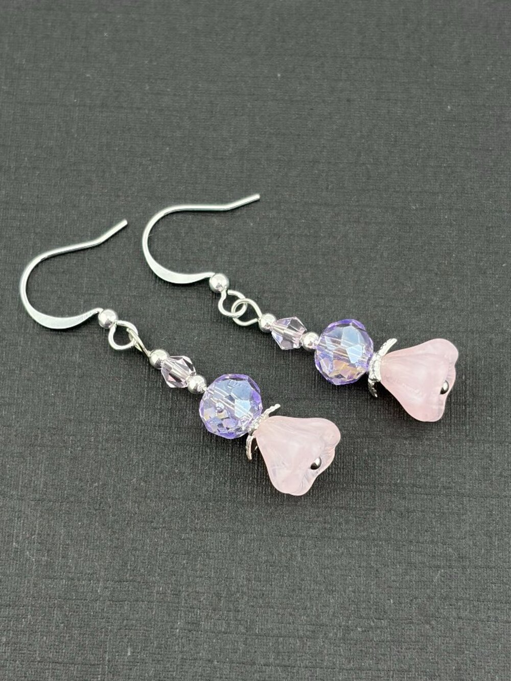 Sweet Lavender & Pink Czech Glass Flower Faceted Crystal Handmade Earrings LR252